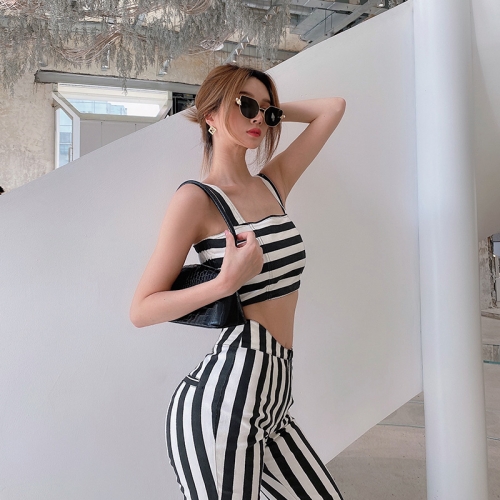 Two-piece black and white striped high-waist flared pants