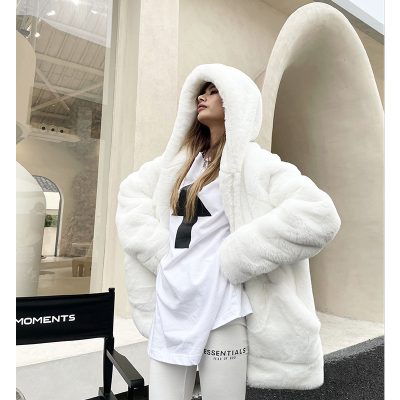 White snowman rabbit fur hooded loose all-match top