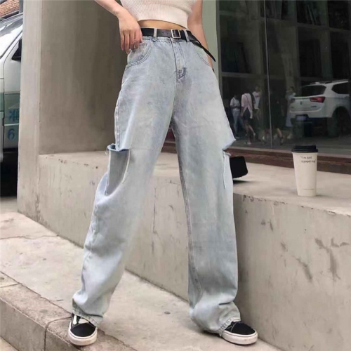 High-waisted slim straight wide-leg trousers with holes on the side Xuanya style denim trousers