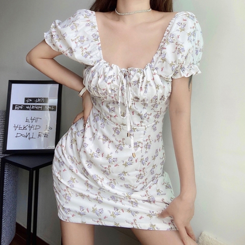 Floral waist puff sleeve square neck short sleeve dress