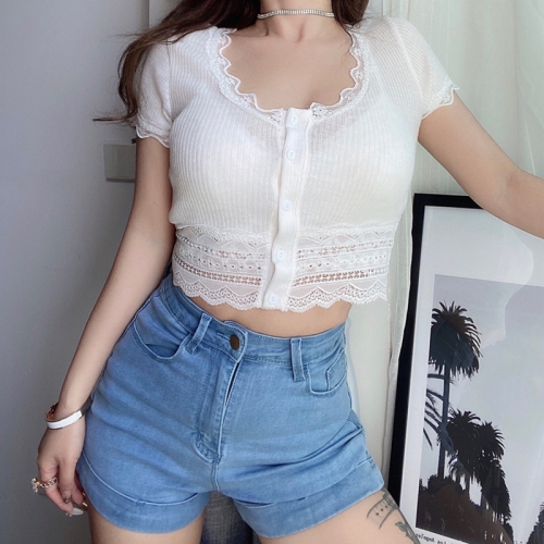 Deep V-neck lace stitching knit small shirt T-shirt top