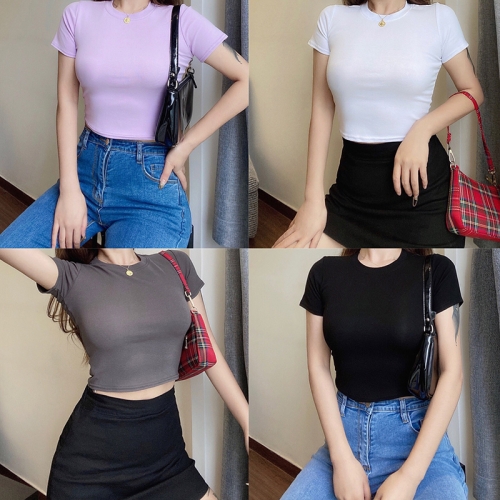 Small round neck solid color stretch bottoming T-shirt top