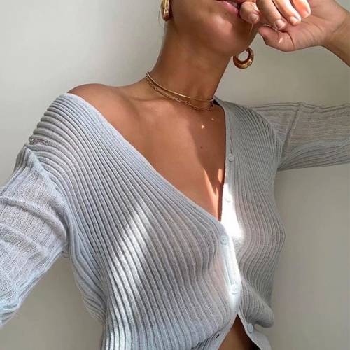 Ultra-thin see-through V-neck long-sleeved sweater