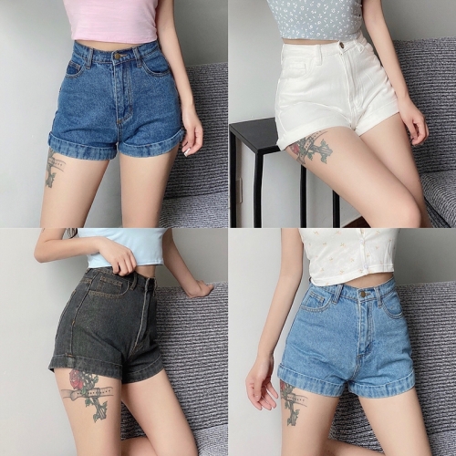 One button rolled denim shorts