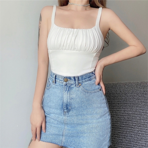 High-waisted short umbilical chest pleated tight-fitting camisole top