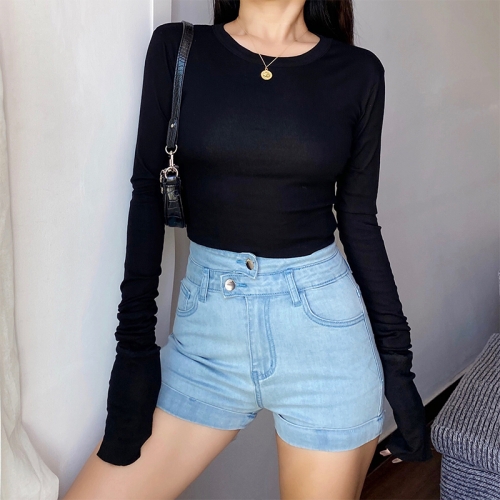 Double cuffs super long sleeve round neck bottoming T-shirt top