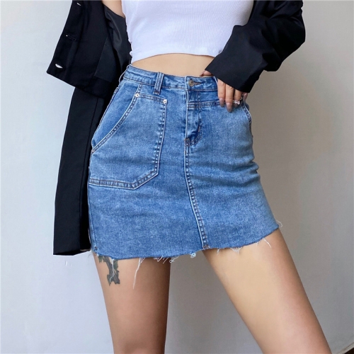 Sexy high waist slim big pocket design hem raw edge denim skirt