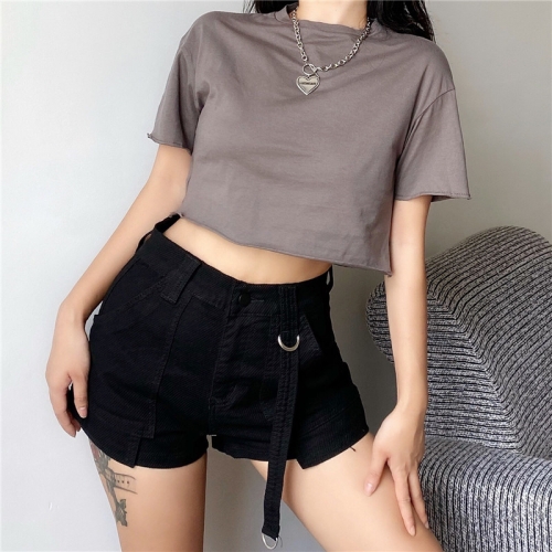 Frayed solid color round neck T-shirt top