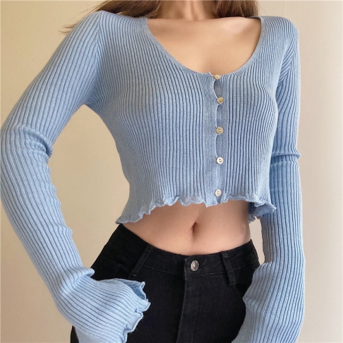 Deep V-neck single-breasted knit cardigan cropped top with slit cuffs