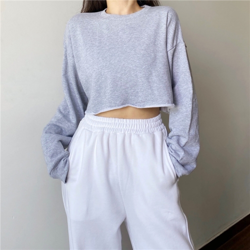Frayed round neck pullover loose long sleeve sweater