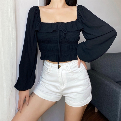 Lantern sleeve square neck ruffled long sleeve shirt top