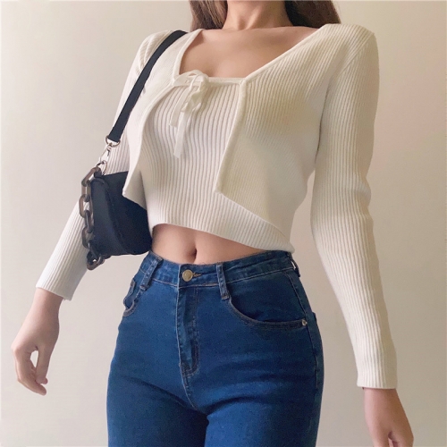 High waist short lace-up knitted cardigan + flat shoulder two-piece sling