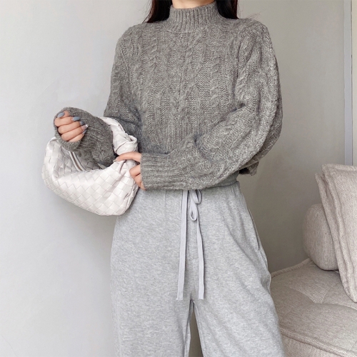 Short cropped stand-up collar pullover twist sweater