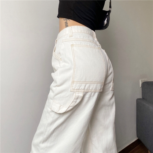 Large pocket loose straight denim wide-leg pants
