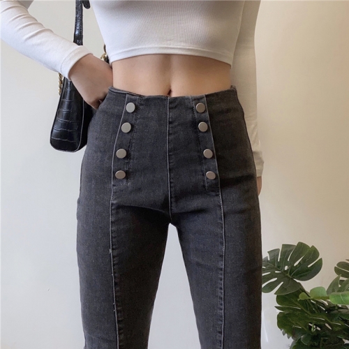 Double breasted high stretch denim pants