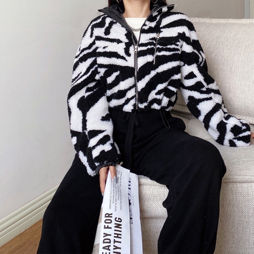 Stand-up collar zebra print plush short coat