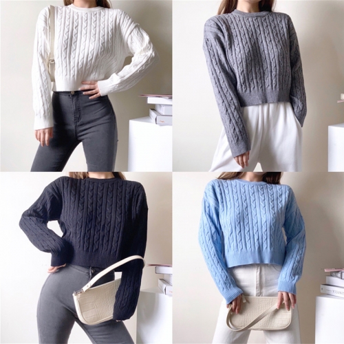 Loose round neck pullover high waist short twist knit sweater
