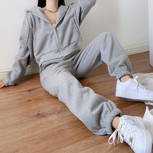 Hooded sweater cardigan + sports casual pants suit