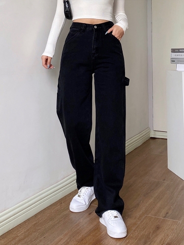 High-waisted one-button wide-leg cargo jeans