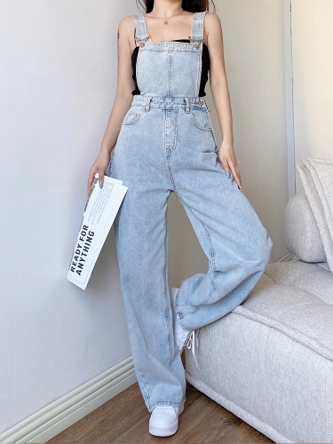 Loose and thin straight wide-leg denim bib trousers