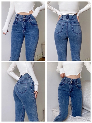 High-waisted hip-lifting single-breasted high-stretch denim pants
