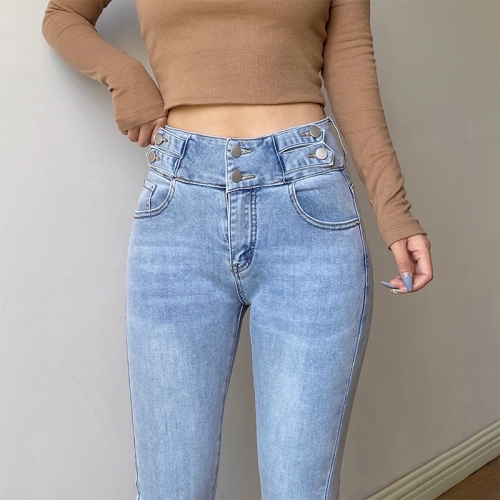 High-waisted, multi-buckle decoration, high-stretch hip-wrapped denim pants