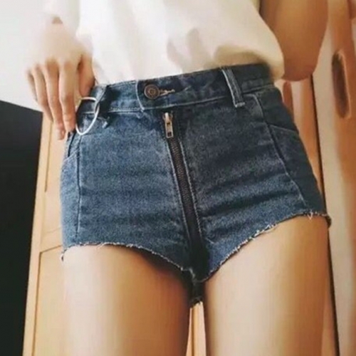 Mid-high waist sexy open zipper denim shorts