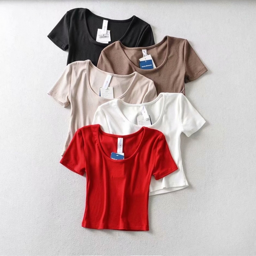 Sexy high waist cropped short sleeve low round neck T-shirt