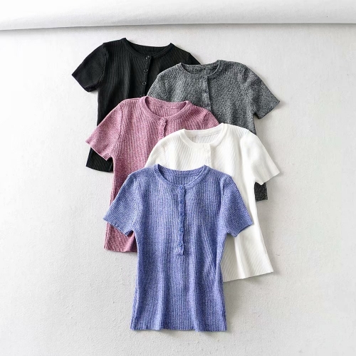 Pullover short-sleeved small button threaded bottoming shirt