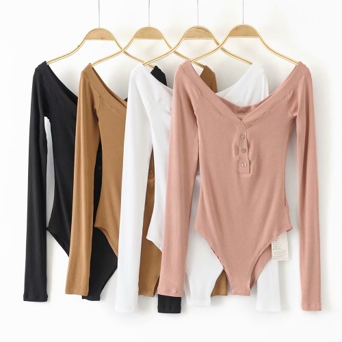 Sexy big round neck buttoned long-sleeved T-shirt