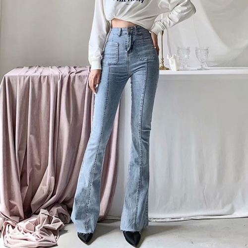 Retro sexy high waist thin skinny stretch frayed denim flared pants