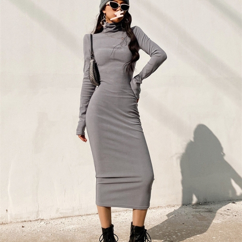 Thick brushed high-neck long-sleeved dress