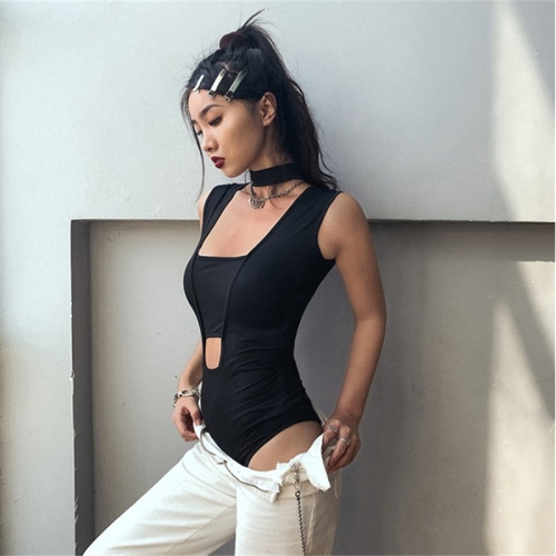 Black sleeveless cutout round neck tank top bodysuit