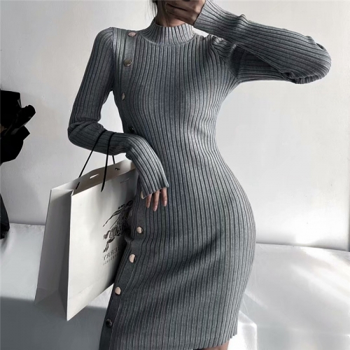 Threaded stand collar buttoned knitted dress
