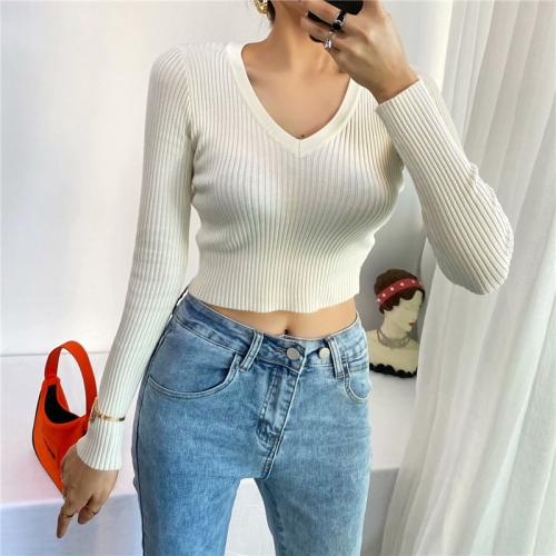 V-neck long-sleeved skinny short high-waist sweater