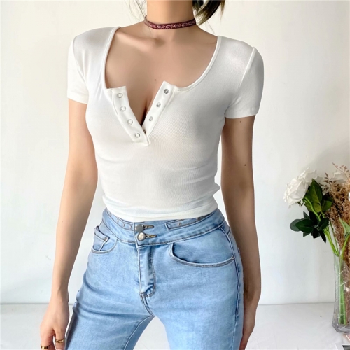 High waist cropped short U-neck T-shirt