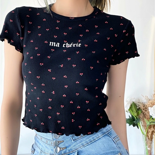 Cherry print short cropped round neck short sleeve T-shirt