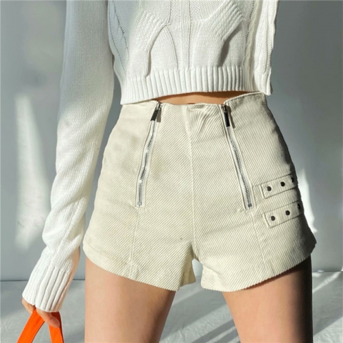 Retro waist double zipper denim shorts