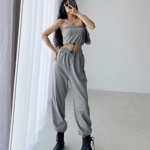 Street shooting personality tube top sleeve three-piece suit