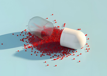 Opened hard capsule, scattered with medication particles