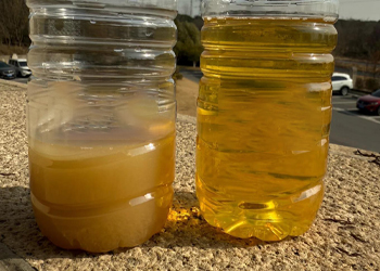 Side-by-side comparison of turbid vs clarified Chinese medicine fermentation liquid after disc separator treatment