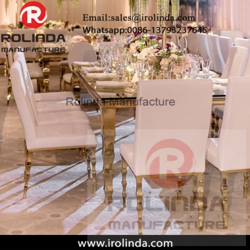 Romantic metal frame rectangle stainless steel wedding table with glass top