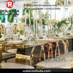 rectangular 8 person glass top stainless steel gold wedding table