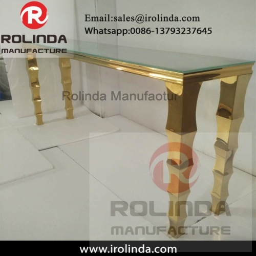 Glass top gold stainless steel long narrow bar tables for party used