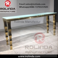 Glass top gold stainless steel long narrow bar tables for party used