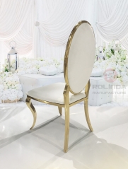 Wholesale White oval backrest, white leather, golden stainless steel wedding banquet chair