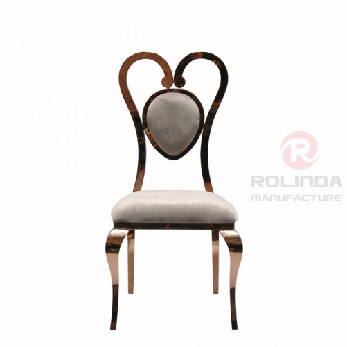 Heart shaped hollow stainless steel chair, white cushion, metal backrest, banquet hall chair for Wedding