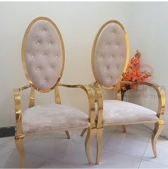 Round High Back Gold Stainless Steel Arm White Leather Wedding Chairs for Bride and Groom