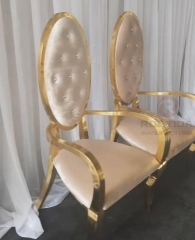 Round High Back Gold Stainless Steel Arm White Leather Wedding Chairs for Bride and Groom