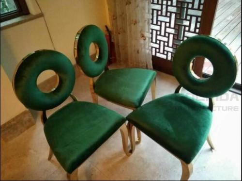 Green cushion, gold stainless steel chair, circular hollow backrest, European style seat